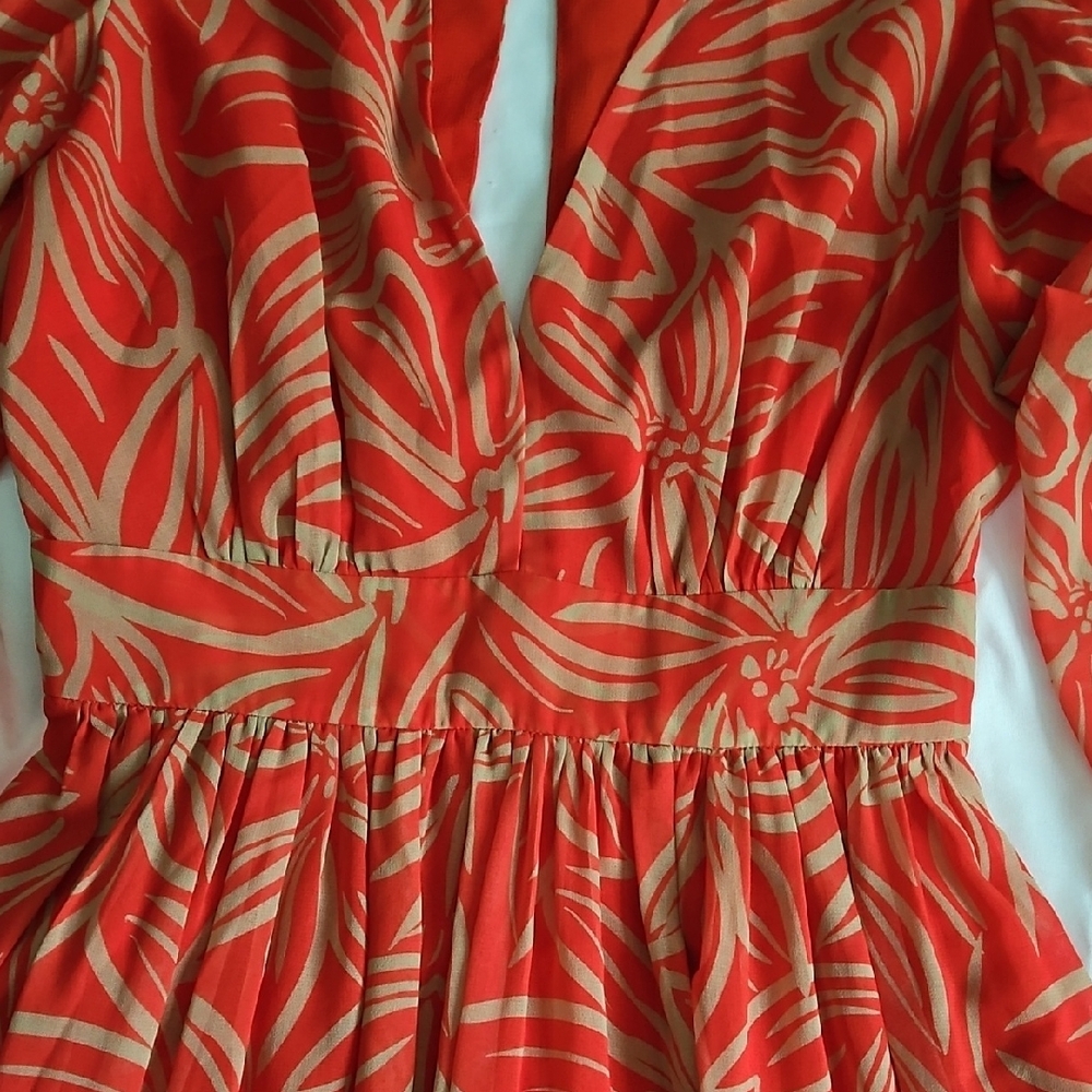 Elegant Orange Leaf Print Long Sleeve Dress - Picture 7 of 17